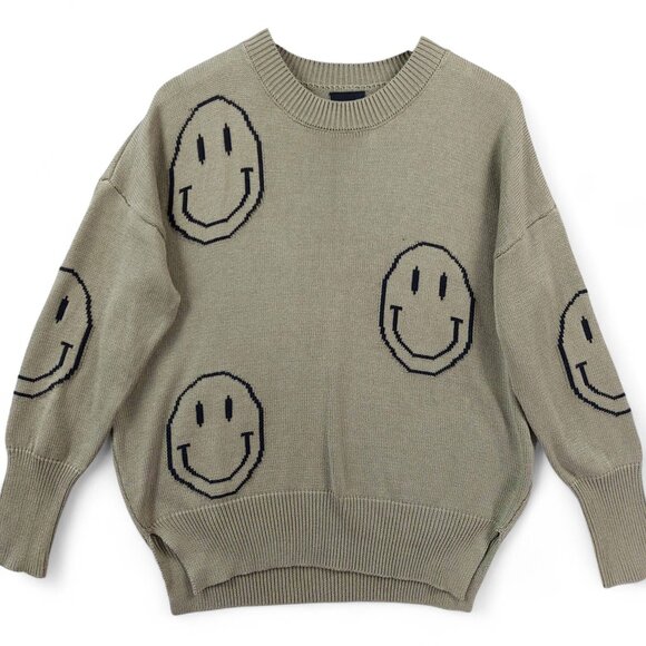 Miou Muse Sweater Womens Sz S Green Smiley Face Graphic Pullover Crewneck Knit - Picture 1 of 9